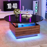 PAKASEPT 31.5" Black Round Coffee Table with LED Light, Modern LED Coffee Tables with 2 Sliding Drawers, Wood Center Table for Reception Home Dining Room PAKASEPT