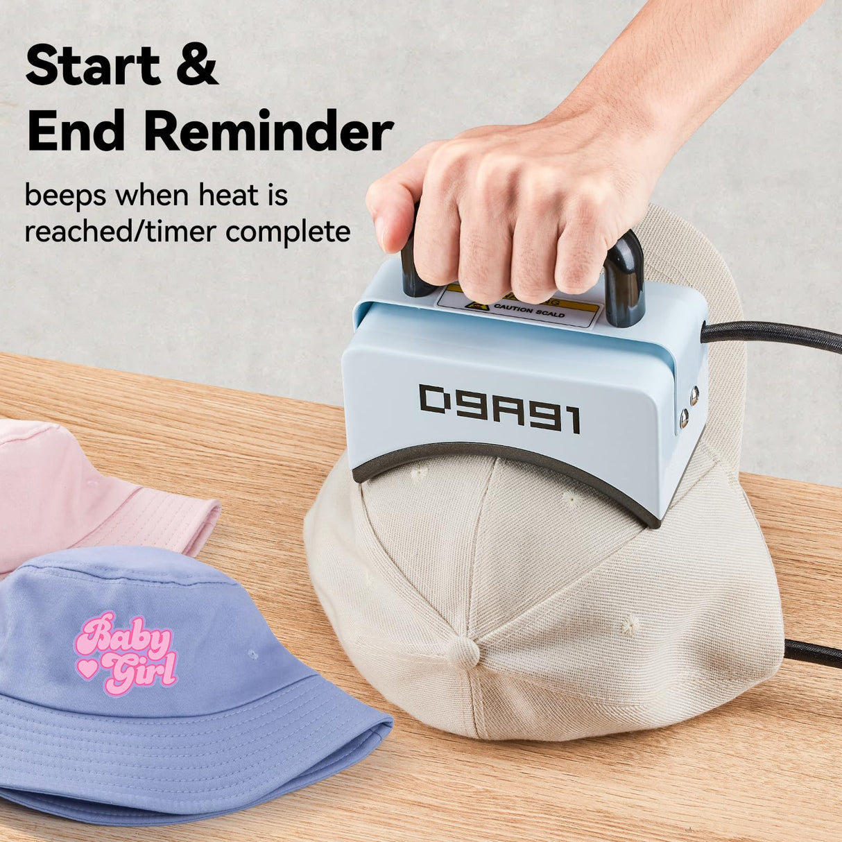 D9A91 Hat Press,Mini Hat Press Machine. for Caps, T-Shirt & More, Curved Heating Plate and Silicone Base,Heat Up Fast and Even, No Crease, LCD Digital Temperature &Timer Control-Light Blue D9A91
