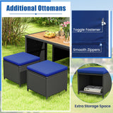 Tangkula 4 Pieces Patio Dining Set, Space Saving PE Rattan Loveseat with Acacia Wood Top Dining Table, Storage Ottomans & Soft Cushions, Outdoor Sectional Conversation Set (Navy Blue) Tangkula