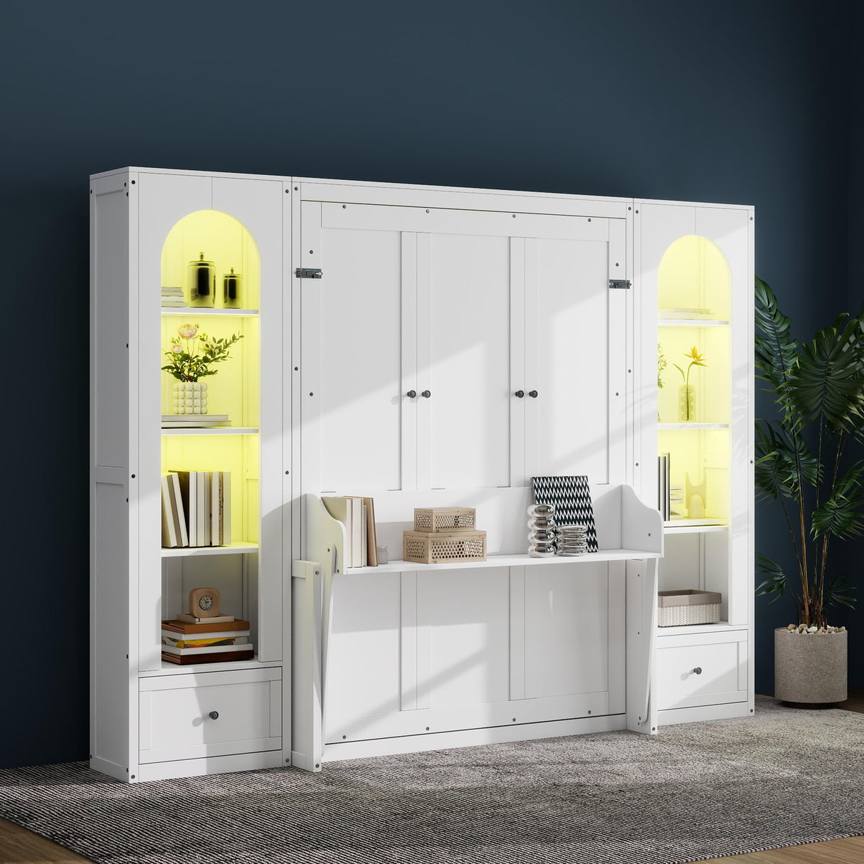 Queen Murphy Bed with Desk and Storage & LED Light, Solid Wood Hideaway Murphy Wall Bed with Storage Bookcase Shelves and Drawers for Adults (White,Queen) MERITLINE