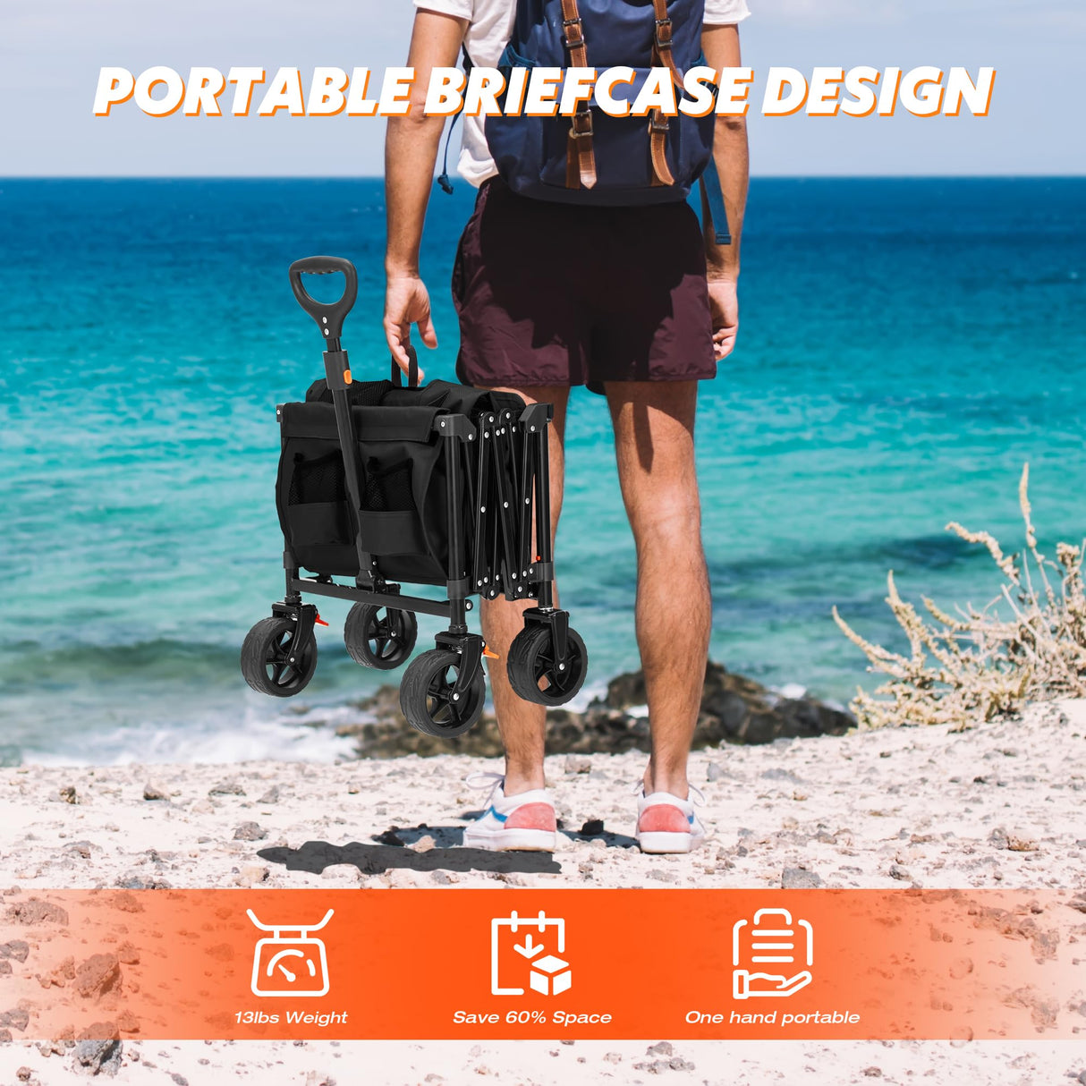 Collapsible Folding Wagon Cart with Tailgate,330LBS Resting Weight Capacity Beach Wagon with All-Terrain Big Wheels,Heavy Duty Foldable Utility Wagon Cart for Groceries,Sports,Shopping,Camping,Black Antifir