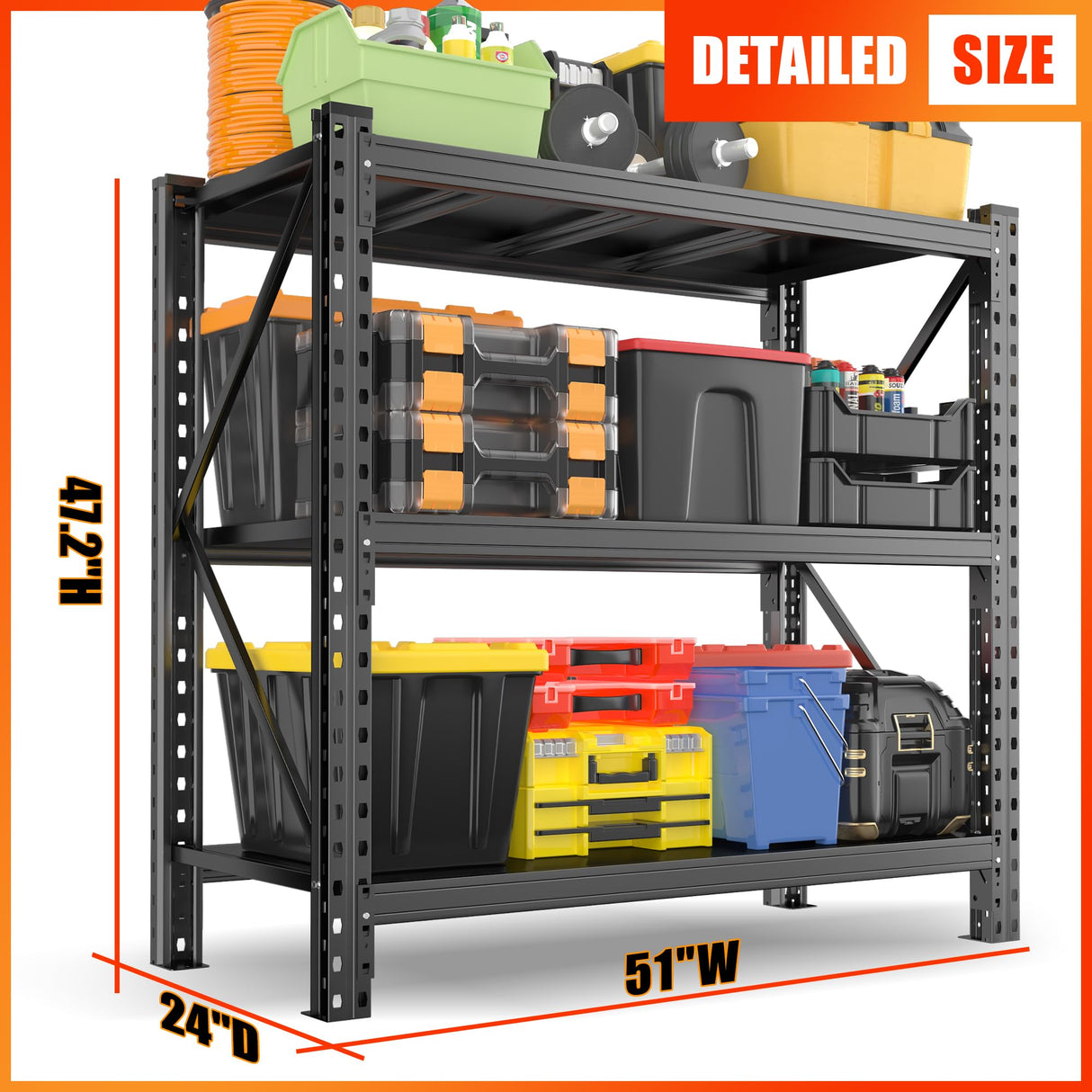 Heavy Duty Storage Shelves, 51.2"W Metal Garage Shelving Units, Durable Adjustable Steel Utility Shelf for Home Commercial Industrial Warehouse Storage Organization Utility Shelving Units, Black PRESTELION