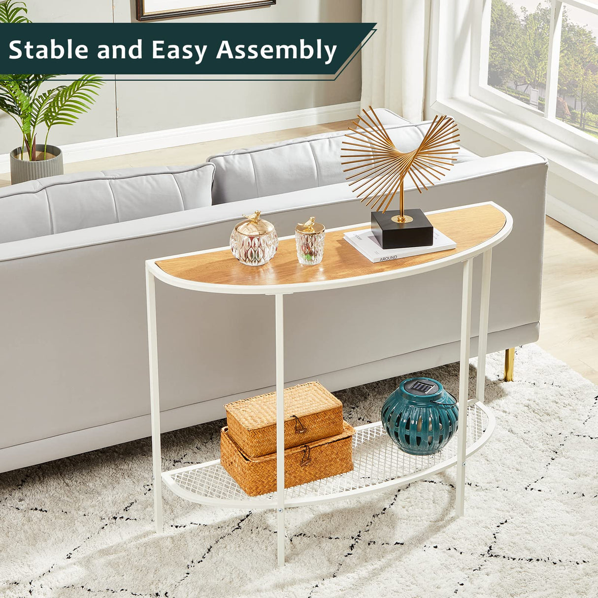 SAYGOER 2-Tier Half Moon Console Table with Storage Shelves in Oak White for Entryway, Living Room, and Office SAYGOER