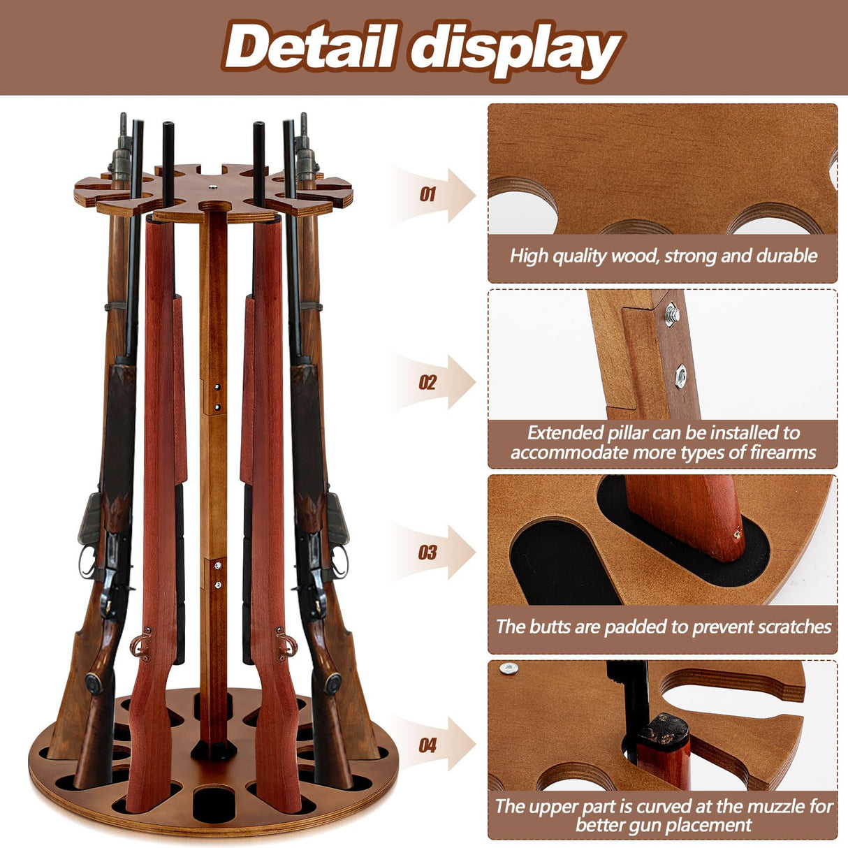CroBlissful Wooden Gun Rack Holds 12 Guns Display Storage Holder Indoor Vertical Stand with Soft Padding 2 Adjustable Heights for Living Room Collection Room Warehouse (Walnut Color) CroBlissful