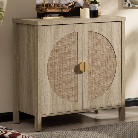 SICOTAS Accent Wood Storage Cabinet with Rattan Doors, Sideboard Buffet Cabinet with Adjustable Shelves, Multifunctional Console Table Rattan Credenza for Dining Room, Living Room, Entryway SICOTAS