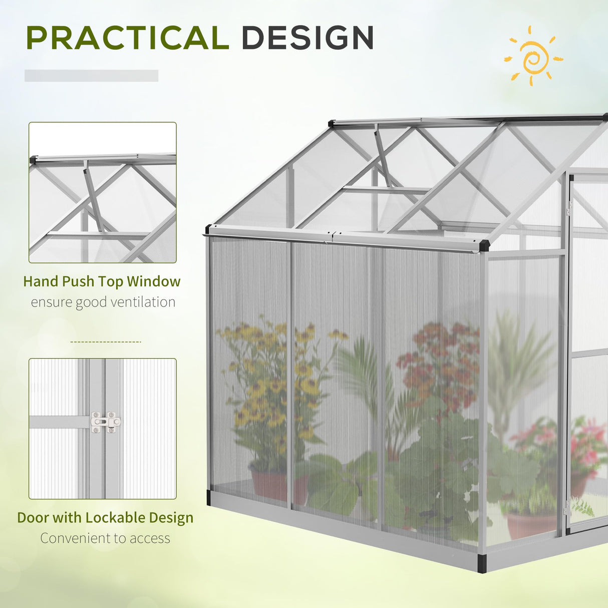 Outsunny 6' x 6' Walk-in Polycarbonate Greenhouse with Roof Vent for Ventilation & Rain Gutter, Heavy Duty Aluminum Green House, Hobby Greenhouse for Winter Outsunny