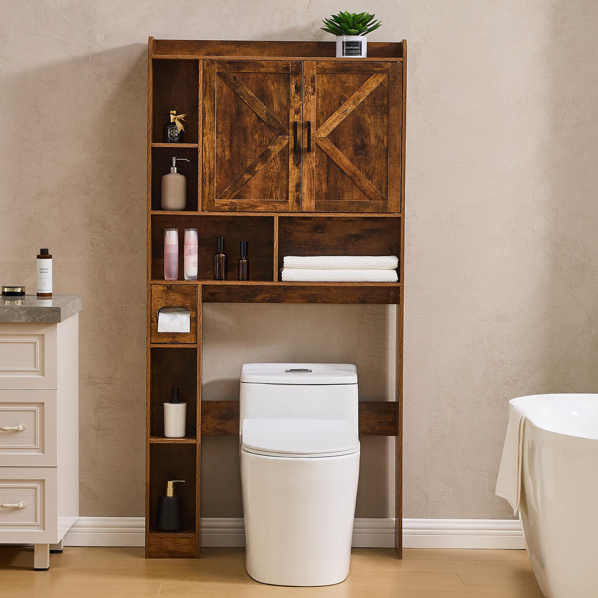 Viroformo Over The Toilet Storage Cabinet, Farmhouse Storage Cabinet 32 Inches Width Over Toilet with 2 Barn Door and Toilet Paper Holder Stand, White Toilet Rack for Bathroom, Laundry, Restroom Viroformo