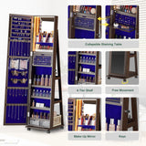 HNEBC 360° Rotating Jewelry Armoire with Lights, Lockable Mirror Jewelry Cabinet, Standing Full Length Mirror with Jewelry Storage, Large Jewelry Mirror Organizer, Wheels,Foldable Makeup Shelf (Brown) HNEBC