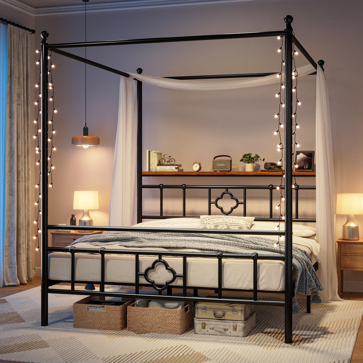 Homkdom Canopy Bed Frame with Storage Headboard, Queen Size Bed Frame with 4 Removable Posts, Sturdy Metal Platform with Under-Bed Storage, Dual Purpose Bed Frame, No Box Spring Needed, Black Homkdom