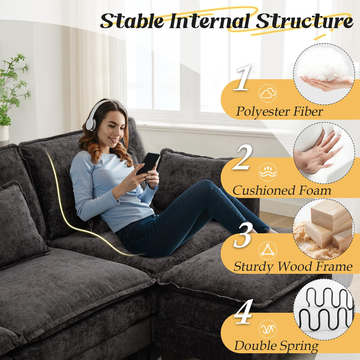 SAMERY Modular Sectional Sofa, 113" L Shaped Couch Set for Living Room Comfy Cloud Couch with Movable Ottoman, Extra Deep Seat Sofa Sleeper with 5 Pillows, Black Chenille 3-Seater Sofa SAMERY