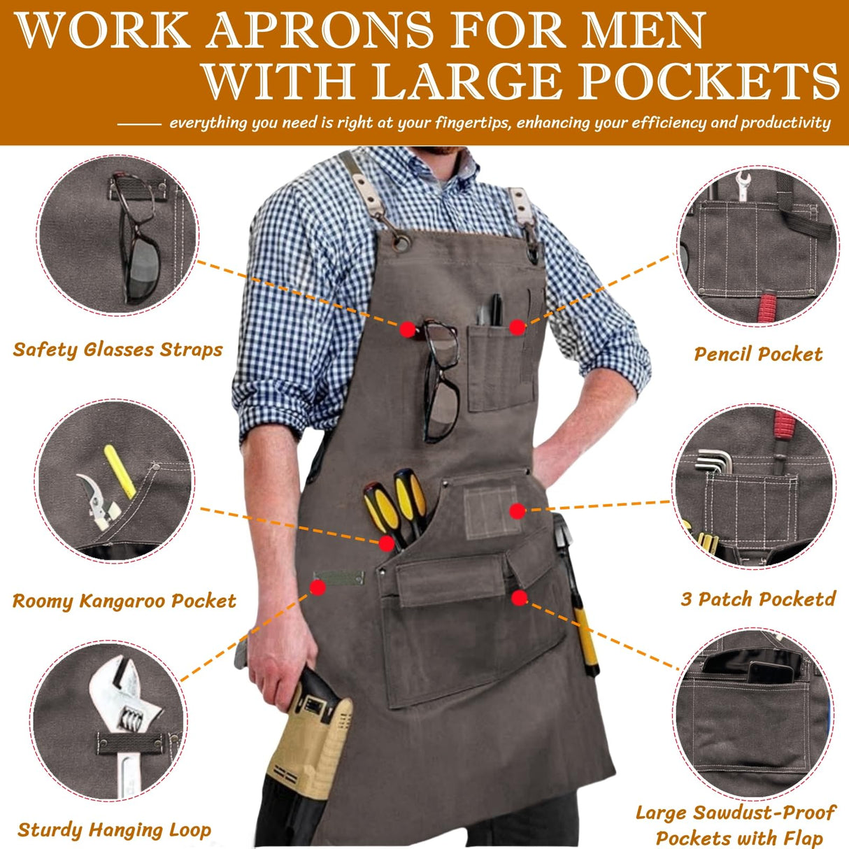 BLIRITEL Canvas Work Aprons for Men with Tools Pockets,Heavy Duty Adjustable Tools Apron, Woodworking Apron for Carpenters Mechanic (Grey) BLIRITEL