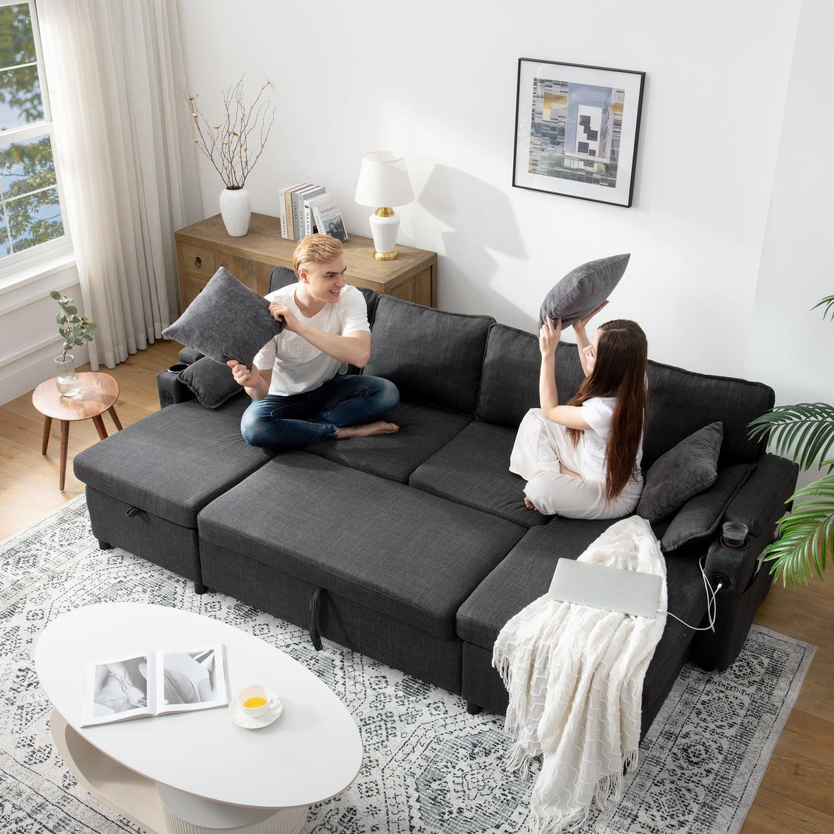 DURASPACE Sofa Bed Sleeper Sofa Pull Out Couch with Double Storage Chaise, Sectional for Living Room, U Shaped Couch with Removable Covers (Dark Gray) DURASPACE