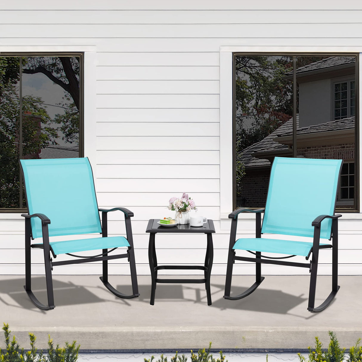 Shintenchi 3 Piece Rocking Bistro Set, Outdoor Furniture with Rocker Chairs and Glass Coffee Table Set of 3, Balcony, Porch Furniture for Small Space, Blue Shintenchi