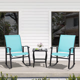 Shintenchi 3 Piece Rocking Bistro Set, Outdoor Furniture with Rocker Chairs and Glass Coffee Table Set of 3, Balcony, Porch Furniture for Small Space, Blue Shintenchi