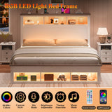 AMERLIFE King Size Bed Frame with Bookcase Storage Headboard and Footboard, LED Platform Bed with Charging Station, No Box Spring Needed, Noise Free, Distressed White AMERLIFE