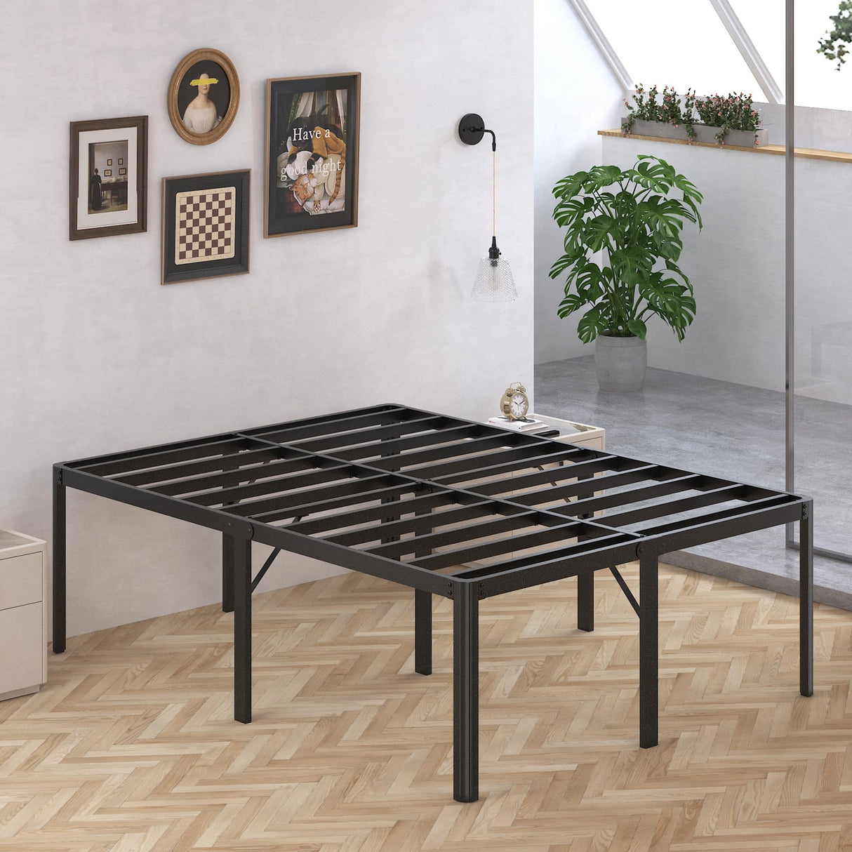 Likelalaso 24 Inch High Queen Bed Frame with Rounded Corner, Heavy Duty Metal Bed Frame Queen Size Under-Bed Storage Space, No Box Spring Needed, Noise Free, Easy Assembly, Black Likelalaso