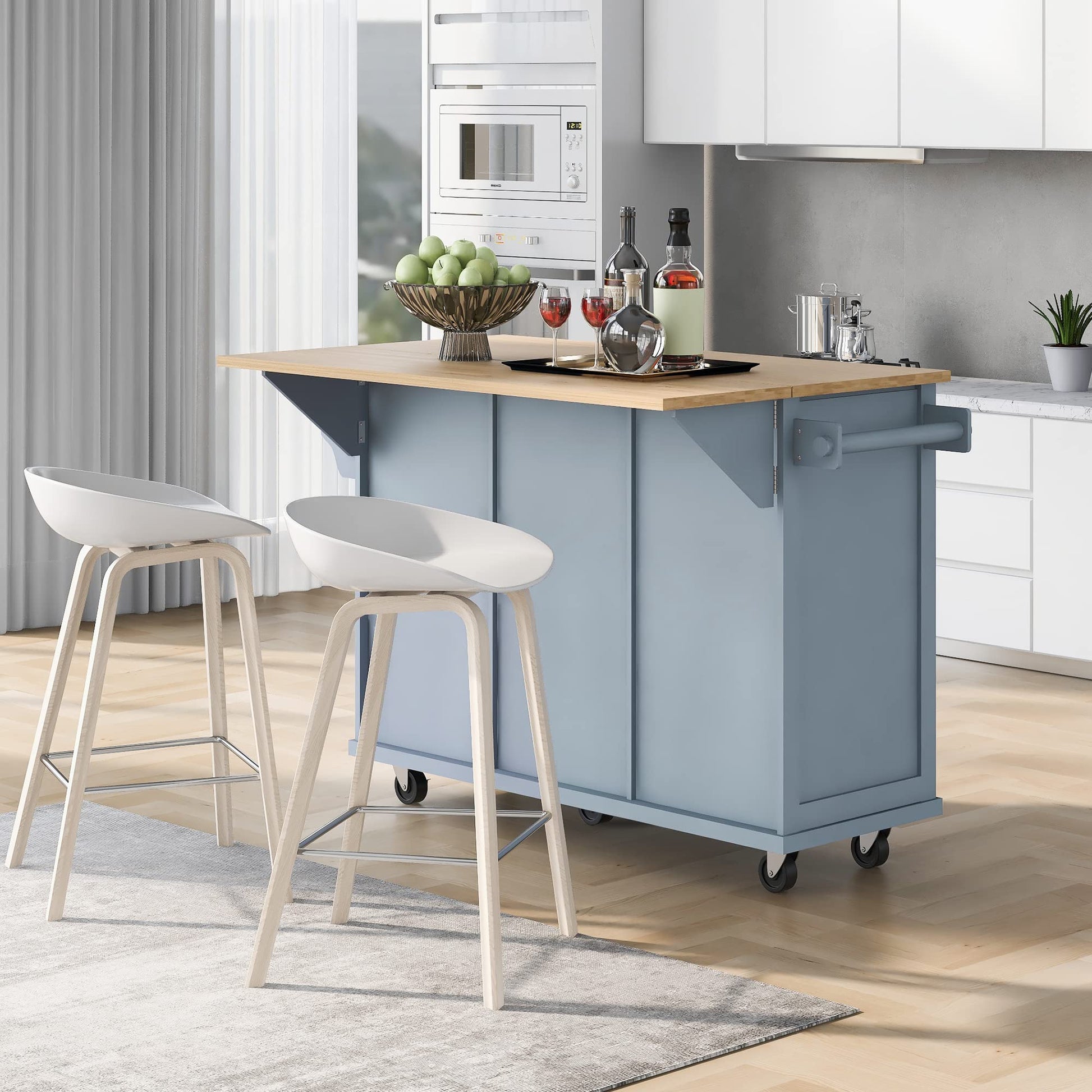 MEETFAV Rolling Kitchen Island Cart with Storage, Moveable Kitchen Island with Drop Leaf, Portable Kitchen Storage Islands & Carts with Drawers and Shelves for Dinning Room, Grey Blue - WoodArtSupply