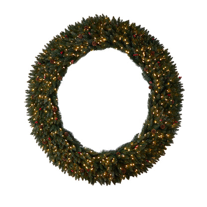 Nearly Natural 6ft. Large Flocked Artificial Christmas Wreath with Pinecones, Berries, 600 Clear LED Lights and 1080 Bendable Branches