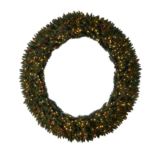 Nearly Natural 6ft. Large Flocked Artificial Christmas Wreath with Pinecones, Berries, 600 Clear LED Lights and 1080 Bendable Branches