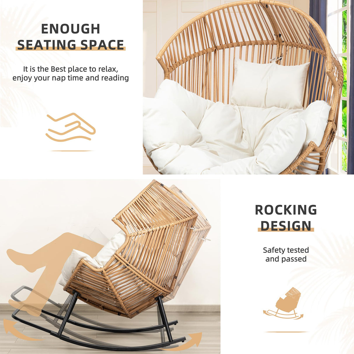 Vongrasig Wicker Rocking Egg Chair PE Rattan with Cushion, Oversized Patio Lounge Rocker Chair for Outdoor, Indoor, Balcony, Backyard, Garden, Beige Vongrasig