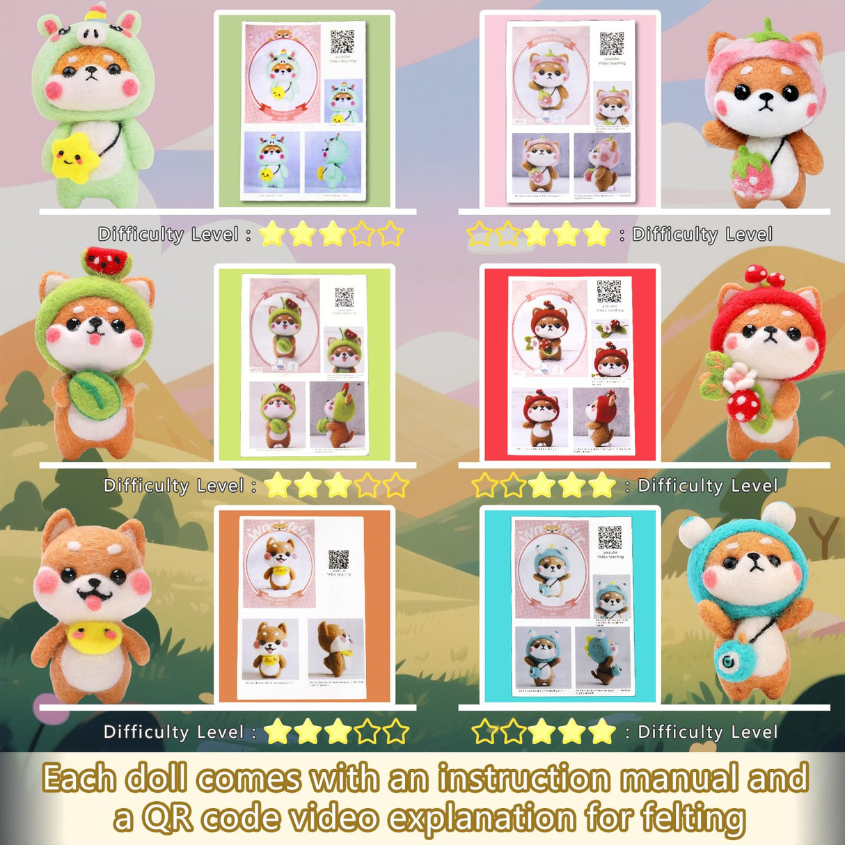 KIDS KING Needle Felting Kit for Beginners & Adults – 6 Piece of Shiba Inu Plush Dolls DIY with Instruction, Material Tools: Wool, Needles, Felting Pad, Arts & Crafts Toys for Beginner Kids Age 6-12 KIDS KING