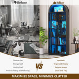 Dystler Arch Display Cabinet with Doors and Adjustable Shelves, 76" Tall Curio Cabinet with LED Lights/Storage Space, 6 Tier Display Case Bookcase for Collectibles Bedroom Living Room Office, Black Dystler