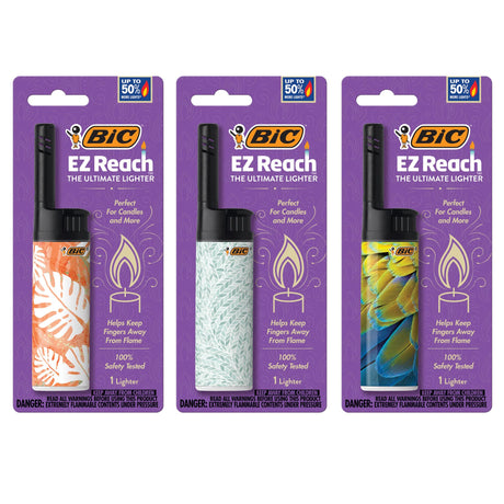 BIC EZ Reach Candle Lighter, The Ultimate Lighter with Wand for Candles, Assorted Home Decor Designs, 3 Count Pack of Long Lighters BIC