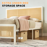 GarveeHome Full Size White Rattan Bed Frame with LED Lights, Bed Frames with Rattan Headboard, Metal Rattan Platform with Under-Bed Storage, No Box Spring Needed, Noise Free GarveeHome