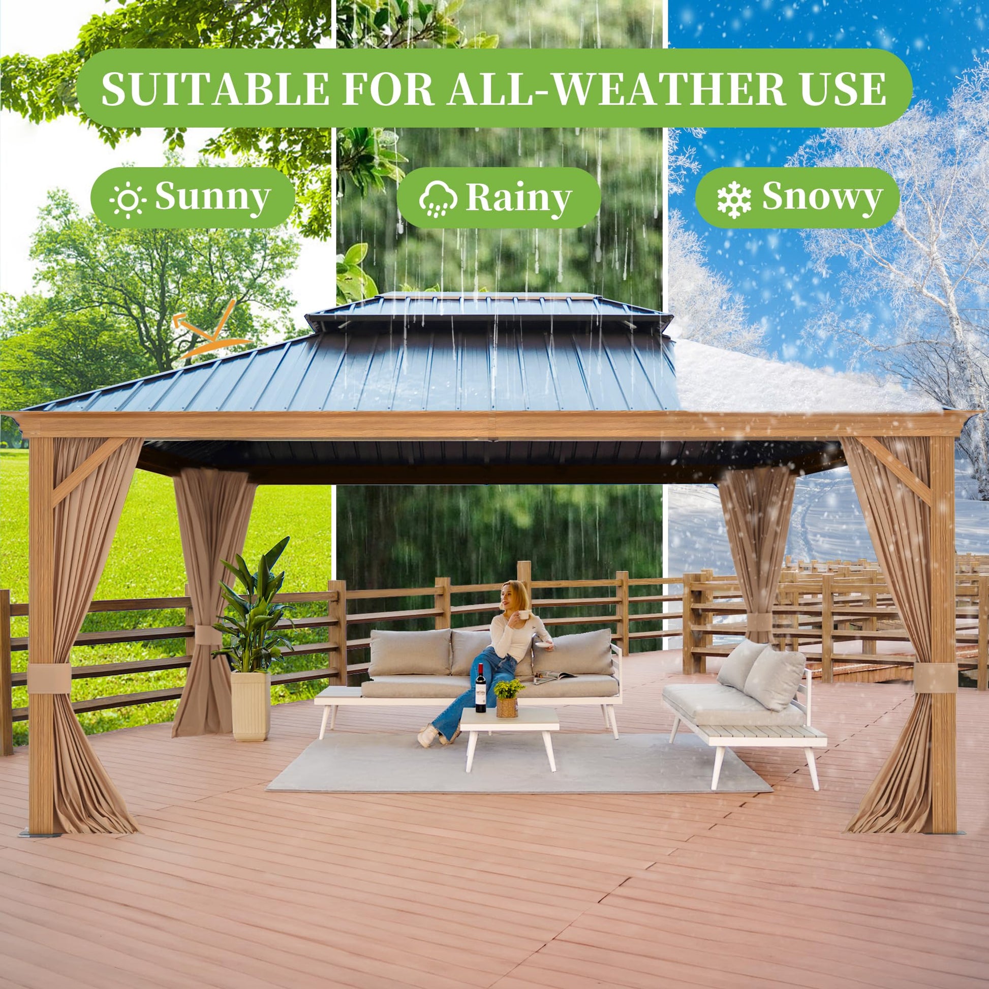 12' x 16' Hardtop Gazebo, Metal Gazebos with Aluminum Frame, Double Galvanized Steel Roof, Outdoor Permanent Gazebo with Curtains and Netting for Patio Lawn Backyard and Garden(Woodgrain Grey - WoodArtSupply