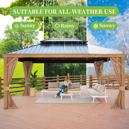 12' x 16' Hardtop Gazebo, Metal Gazebos with Aluminum Frame, Double Galvanized Steel Roof, Outdoor Permanent Gazebo with Curtains and Netting for Patio Lawn Backyard and Garden(Woodgrain Grey - WoodArtSupply