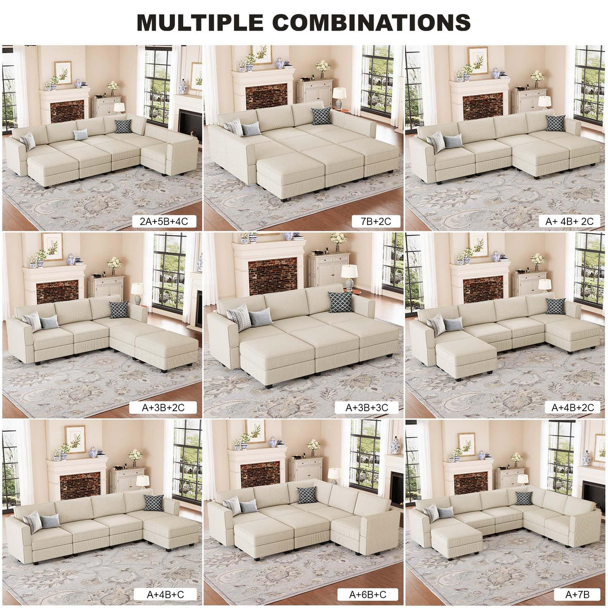 Belffin Modular Sectional Sofa with Storage Ottoman Seats, Corduroy Oversized Convertible Modular Sofa Bed Sectional Couch for Living Room, Beige Belffin
