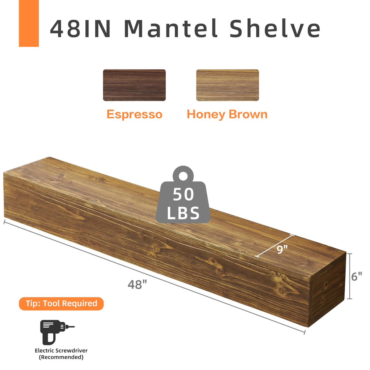 48" Rustic Wood Fireplace Mantel | Wall-Mounted & Floating Shelf for Home Decor Mederlo