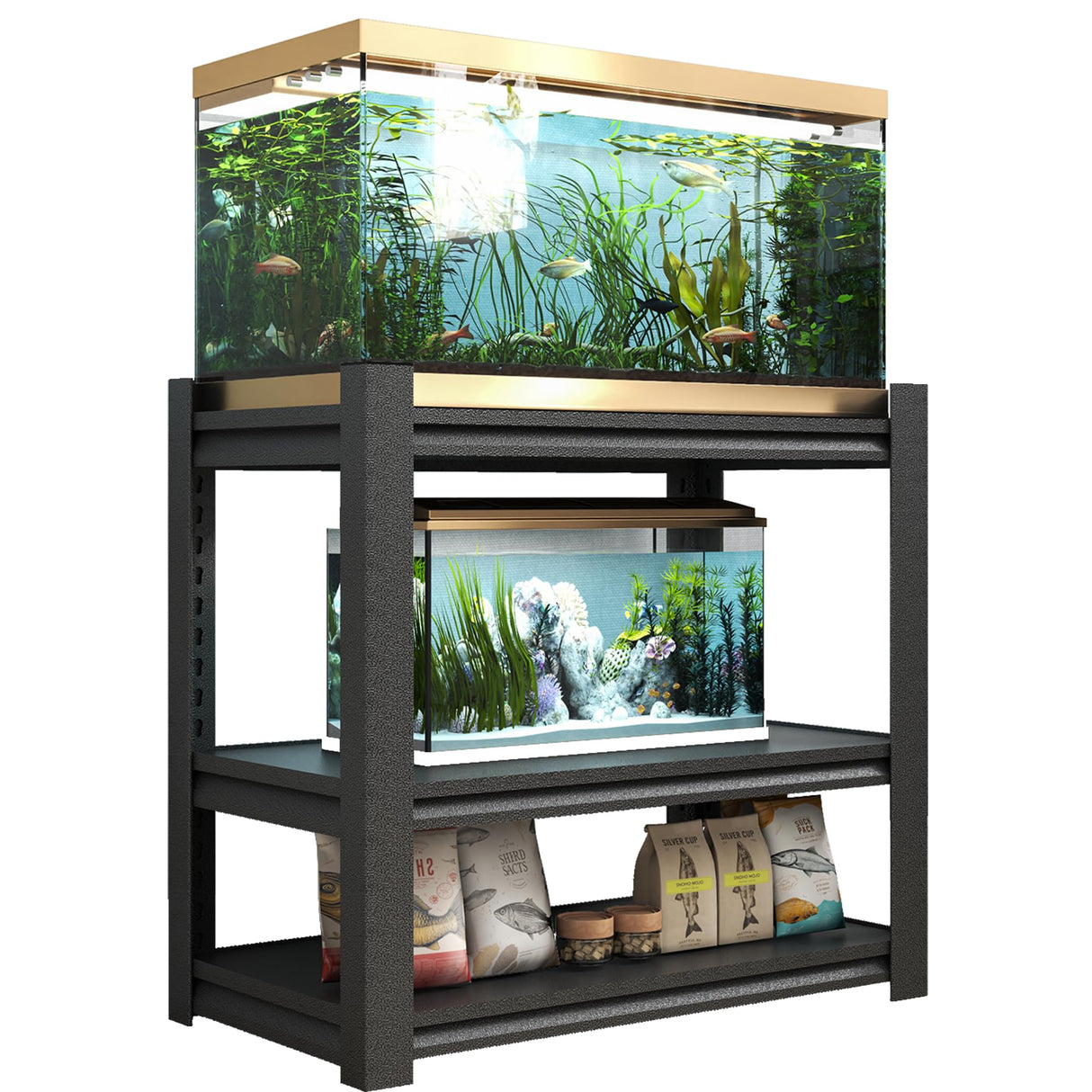 40-50 Gallon Fish Tank Stand, Modern Metal Aquarium Stand, Adjustable Heavy Duty Reptile Terrarium Tank Stand, Adjustable 3-Tier Fish Tank Rack Shelf for Home Office, 31.5"L x 18"W x 34"H, Black cloblane