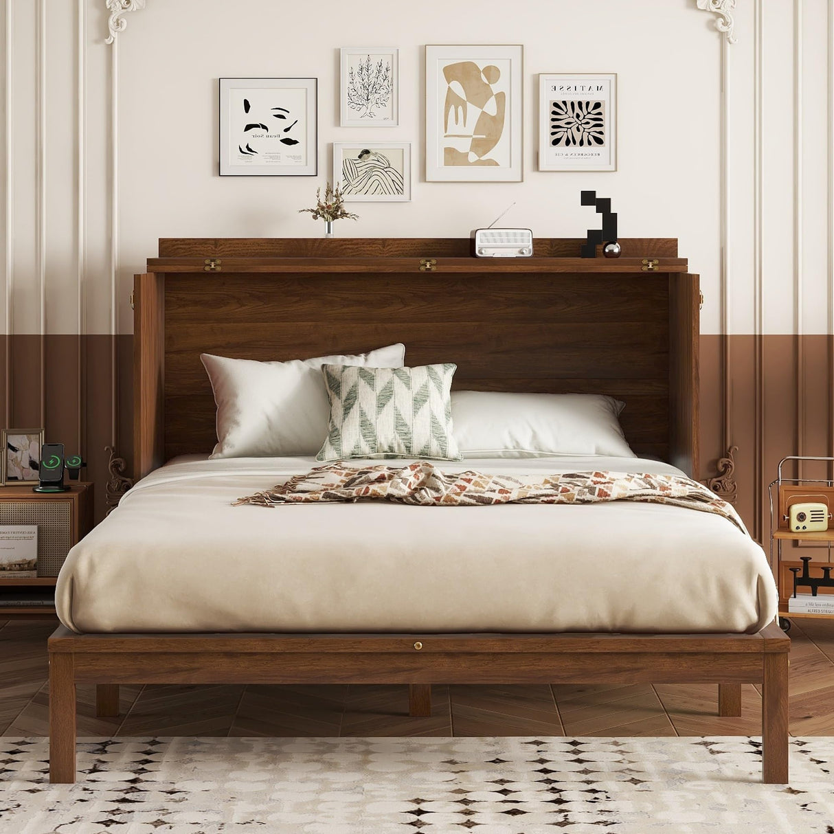 KALALLA Queen Size Murphy Bed Cabinet with Storage Drawers, USB Charging Station, Retro Rattan Style Foldable Hidden Dresser Bed, Murphy Chest Cube Bed for Adults, Walnut KALALLA