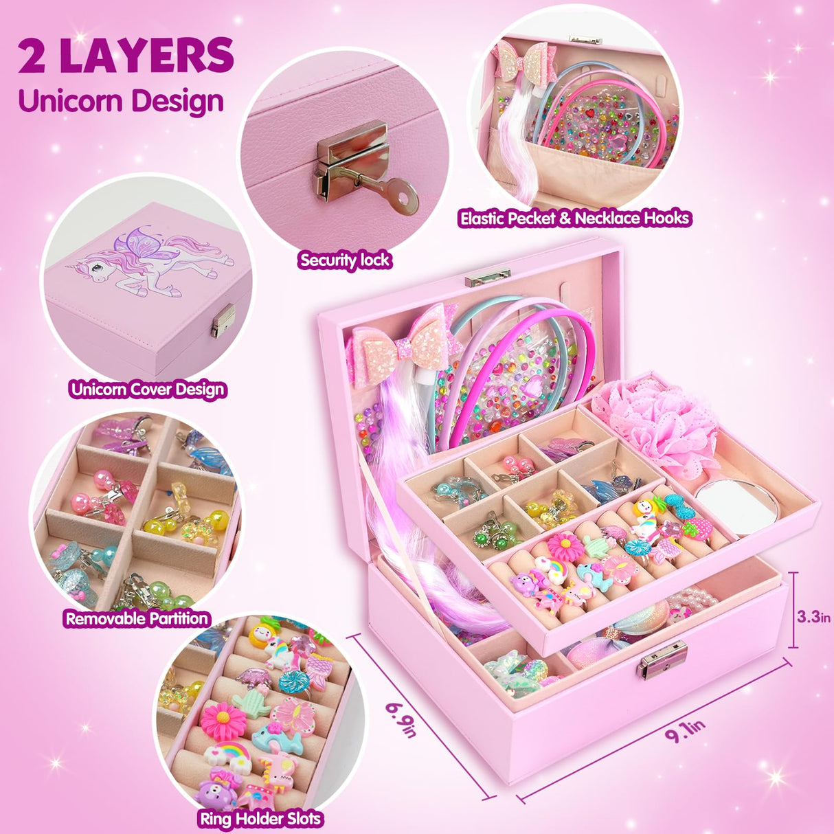 ZMLM DIY Unicorn Jewelry Box with Kids Jewelry Set,Headband Making Kit,Hair Accessories Set, Arts and Crafts for Kids, Gift for Ages 4-10 Year Old Girl, Best Birthday Gifts ZMLM