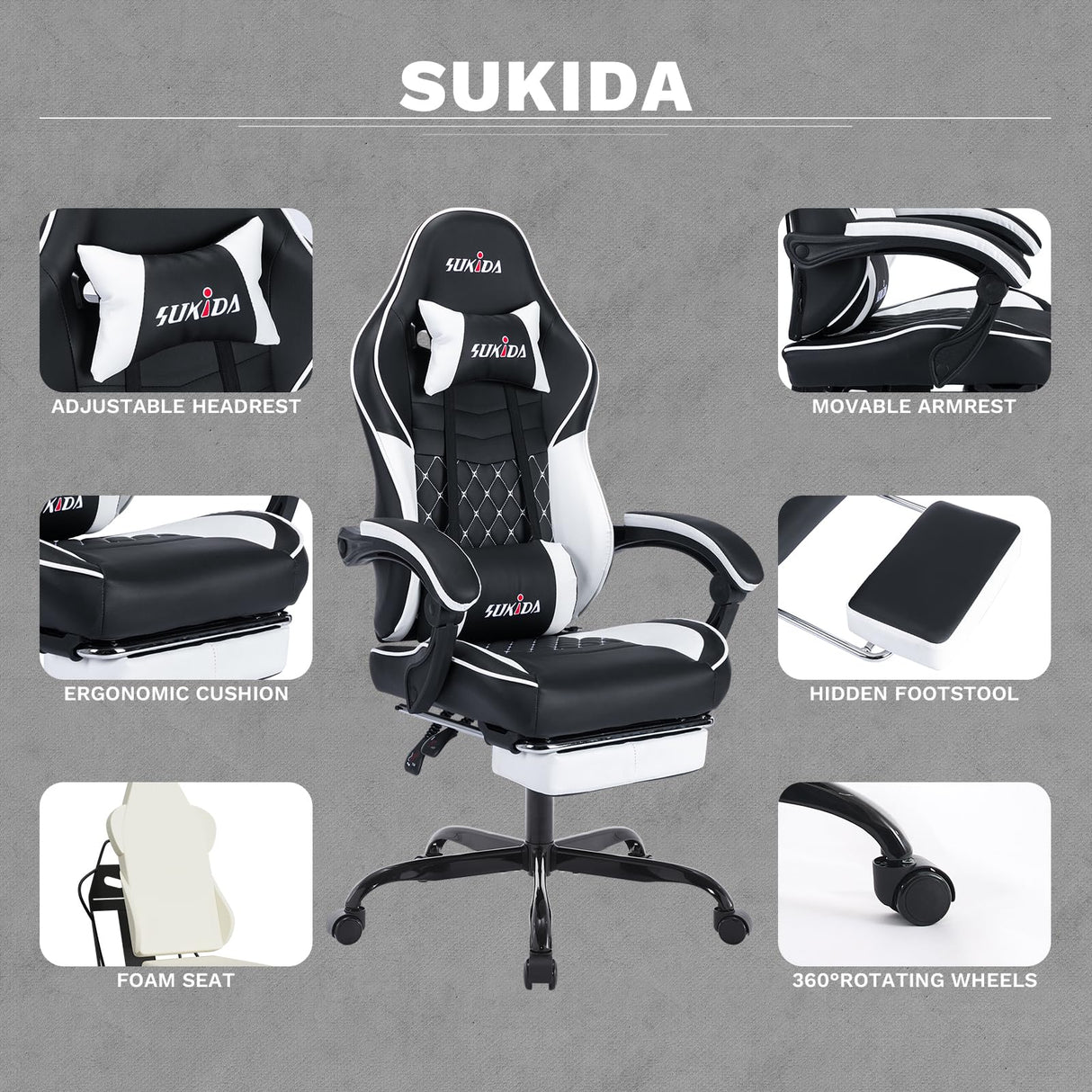 Ergonomic Video Gamer Chairs Gaming Computer Chairs Gamer Chairs for Adults Massage Lumbar Support Swivel Height Adjustable Headrest Backrest SUKIDA