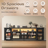 Huuger 70.9 Inch LED TV Stand Dresser with Power Outlets, USB-C Port and LED Lights, 10 Fabric Drawer Dresser for Bedroom, Long Entertainment Center for 75, 80 Inch TV, Open Shelves, PU Leather, Black Huuger