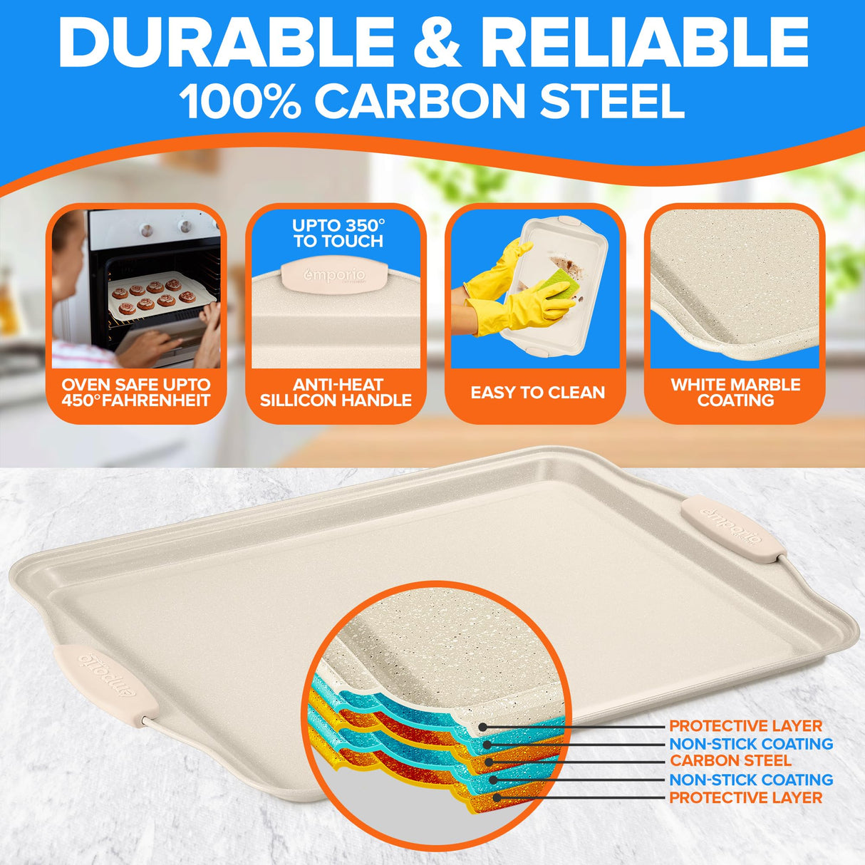 Emporio Kitchen Baking Pan Set - Nonstick Coating, Carbon Steel Bakeware Set with White Silicone Handle, PFOA, PFOS, PTFE Free, Recipe Booklet Included, Oven Safe Tray (Up To 450° F) Set of 25 - White Emporio Kitchen