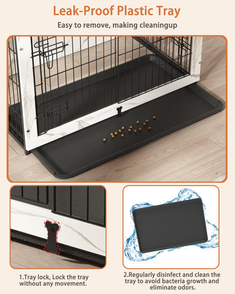 Megidok Wooden Dog Crate Furniture with Cushion,Large Dog Crate End Table with Tray, Double Doors Kennels Indoor (37" L*25" W*26" H, Marble White) Megidok
