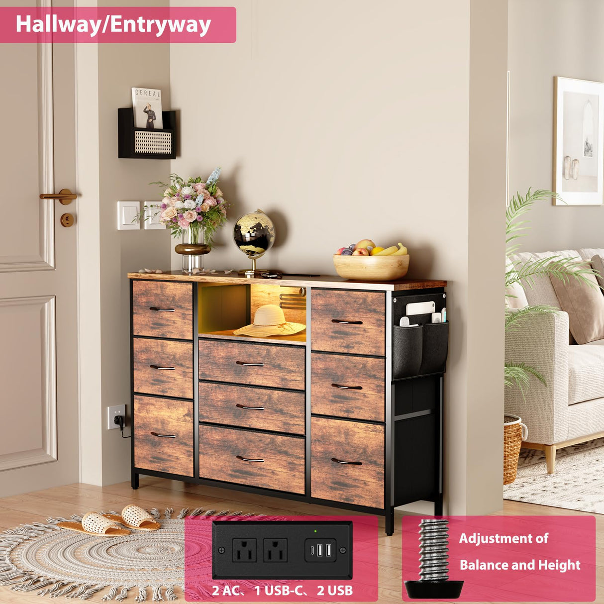 Yenlure Rustic Brown Dresser for Bedroom Dresser with Charging Station and LED Lights, Western Dresser TV Stand with Drawers, Chest of Drawers for Bedroom, Dorm, Closet, Living Room Yenlure