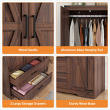 Farmhouse Wardrobe Armoire Closet with 3 Doors and 2 Drawers, 70.1" Wooden Clothing Storage Cabinet, Freestanding Large Capacity Storage Wardrobe Armoire with Hanging Rod for Bedroom, Brown St.Mandyu