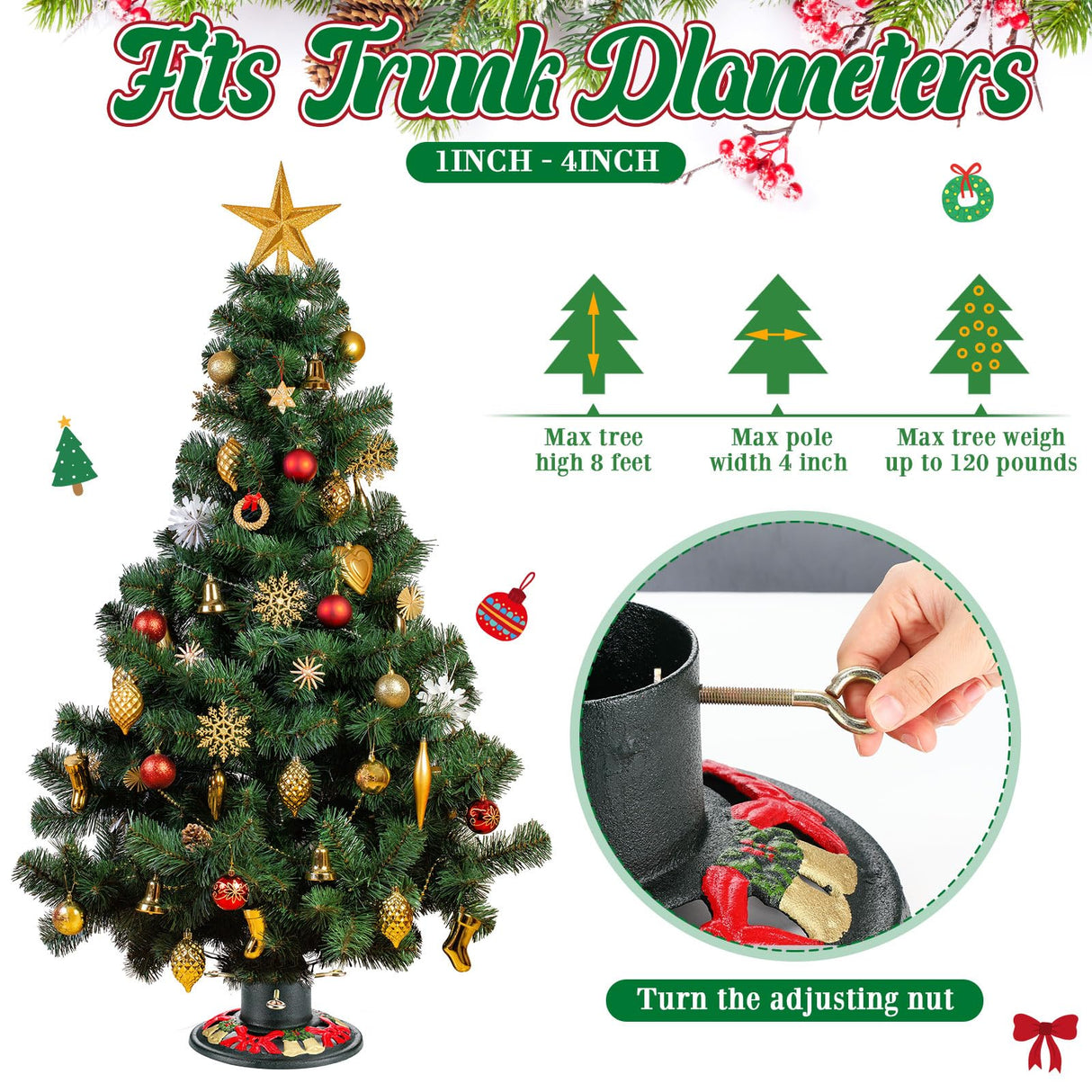 Huwena Christmas Tree Stand for Live Trees, Real Xmas Tree Holder Base Cast Iron, Supports up to 8ft, 4-Inch Diameter, 120lb Weight Capacity for Christmas Rustic Decoration (Bell, Bow Style) Huwena