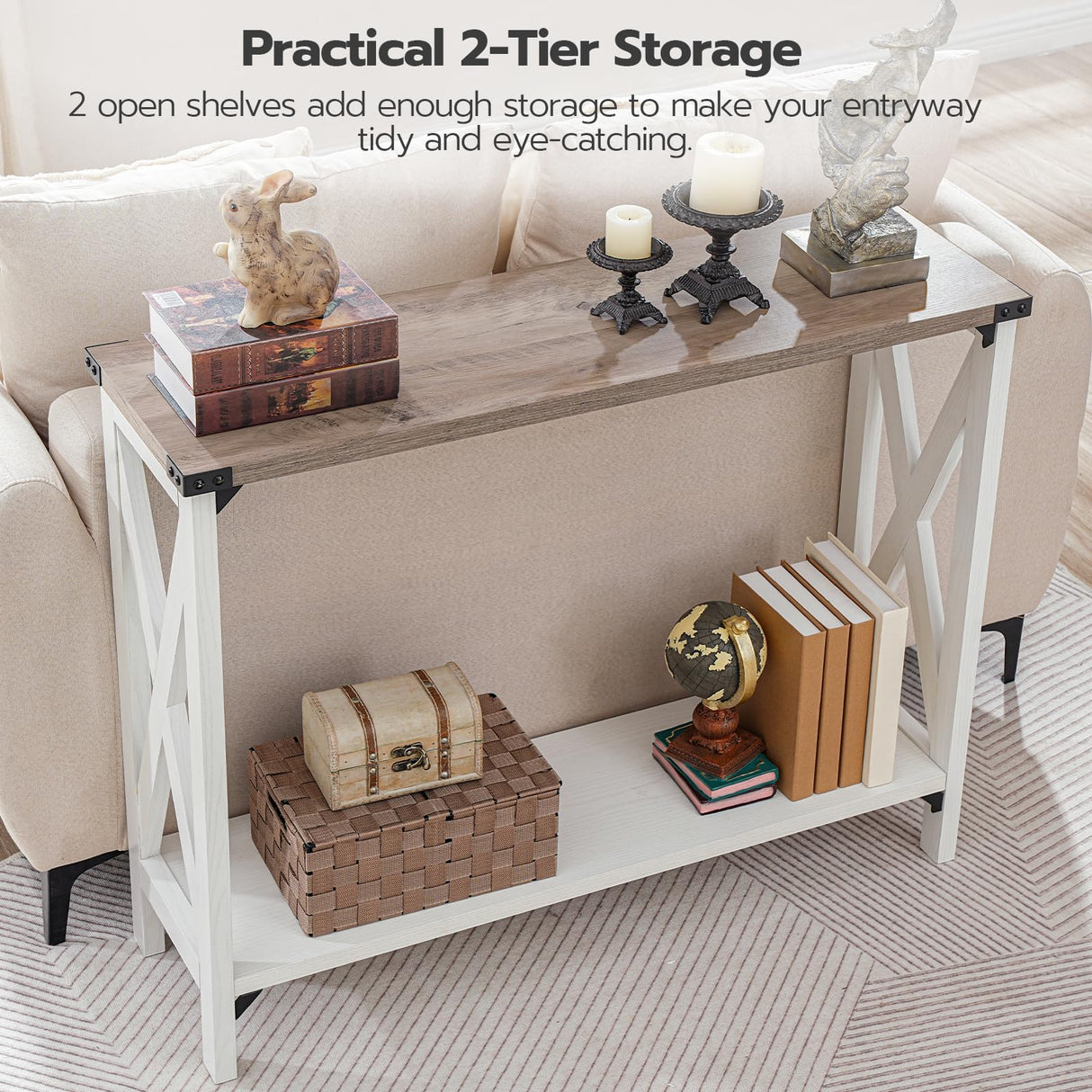 HOOBRO Farmhouse Console Table, Narrow Entryway Table, Sofa Table with 2 Open Shelves, for Hallway, Living Room, White and Greige WG08XG01 HOOBRO