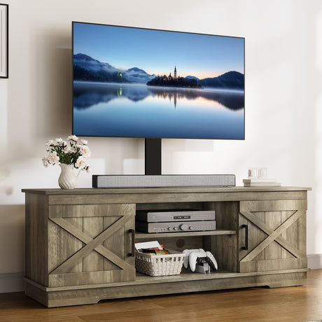 YITAHOME Farmhouse TV Stand with Mount, Sturdy TV Stand Mount for 32/45/55/60/65/70 inch TVs, Entertainment Center with Adjustable Shelf, TV Cabinet Media Console for Living Room, Grey YITAHOME
