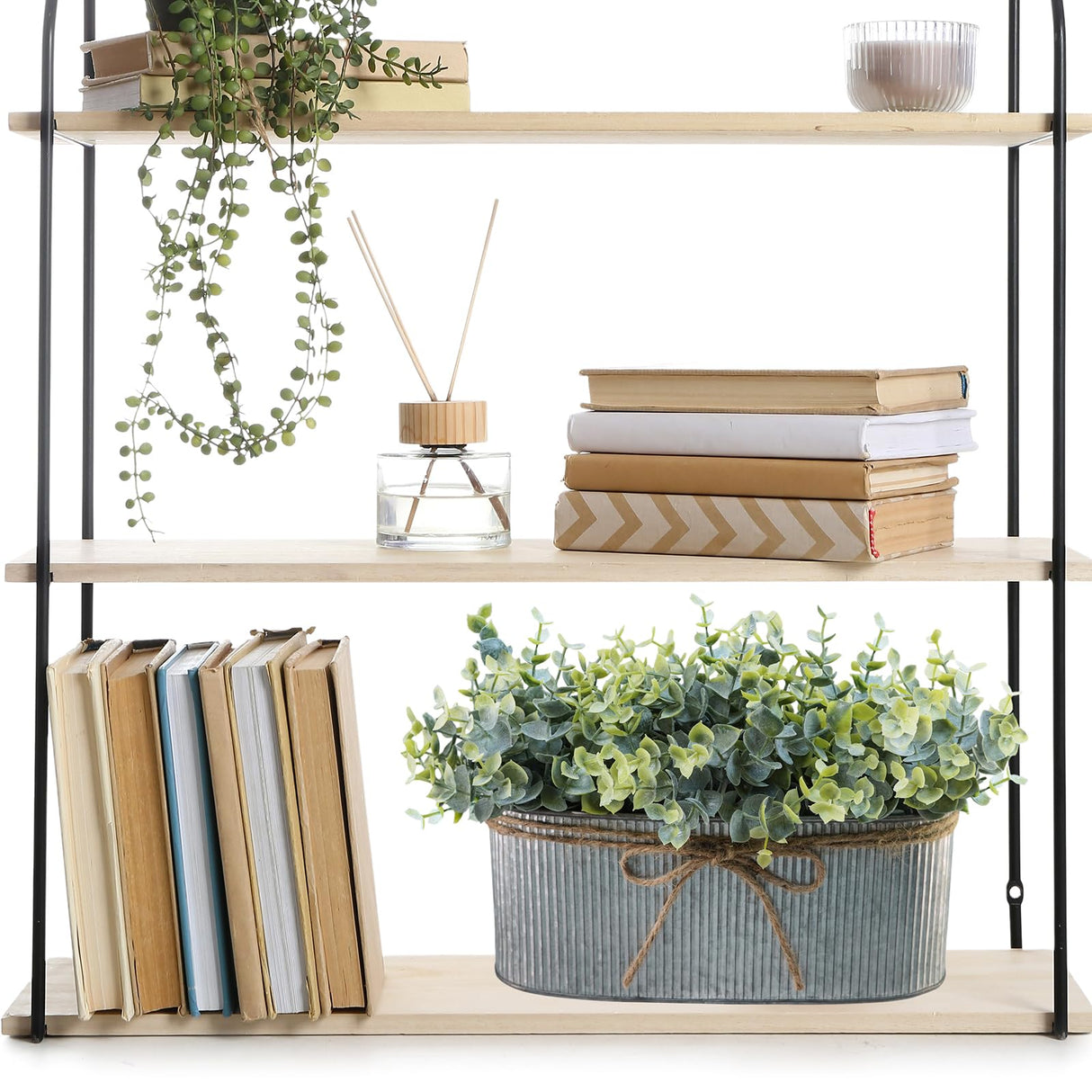 Winlyn Artificial Eucalyptus Arrangement in Rustic Oval Galvanized Metal Planter Box Faux Eucalyptus Bush Greenery Potted Plants for Farmhouse Indoor Home Office Table Centerpiece Kitchen Décor Winlyn