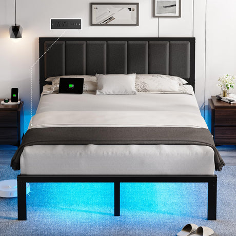 OLEVS Queen Bed Frame with Headboard Metal Platform Bed Queen Size with USB Charging Station and LED Lights, No Box Spring Needed OLEVS
