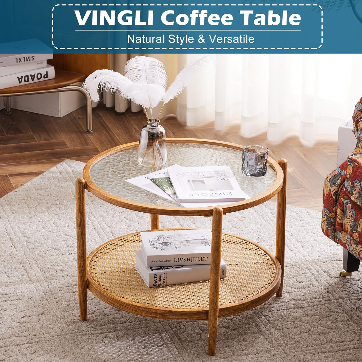 VINGLI 25.6" Rattan Coffee Table, Round Water-Wave Glass Metal Center Table, Modern Coffee Table with 2-Tier Storage, Farmhouse Circular Coffee Table for Living Room and Small Space, Natural Vibe VINGLI