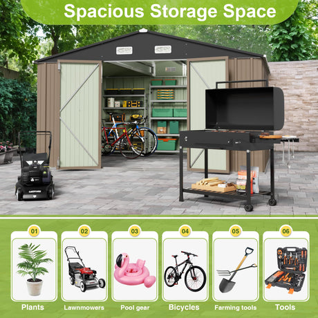 JUMMICO 10 x 10 FT Outdoor Storage Shed, Large Metal Garden Shed & Tool Sheds for Backyard Garden Patio Lawn (Brown) JUMMICO