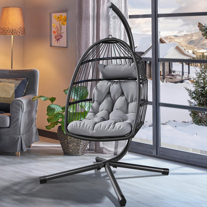 YITAHOME Hanging Egg Swing Chair with Stand Egg Chair Wicker Indoor Outdoor Hammock Egg Chair with Cushions 330lbs for Patio, Bedroom, Garden and Balcony, Dark Gray(Stand Included) - WoodArtSupply