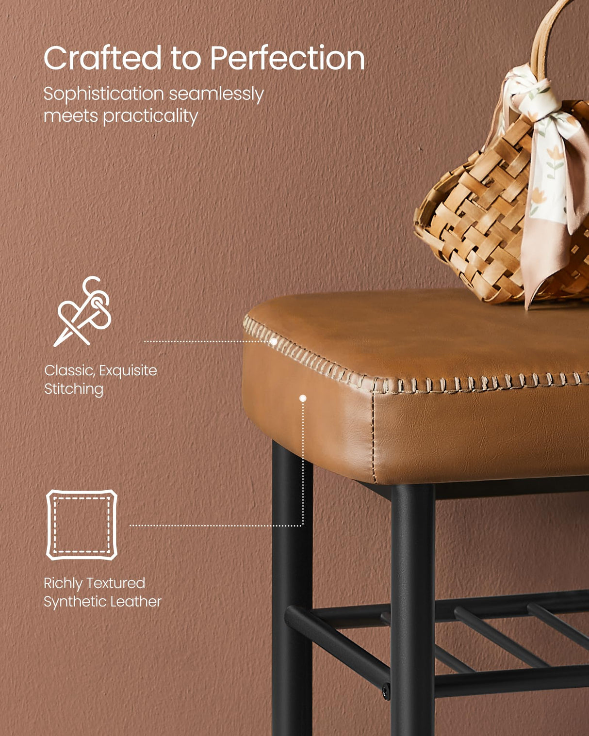 VASAGLE EKHO Collection - Shoe Rack Bench, Storage Bench for Entryway, Synthetic Leather with Stitching, Mid-Century Modern, Loads 300 lb, 11.8 x 31.5 x 19.7 Inches, Caramel Brown ULSB054K01 VASAGLE